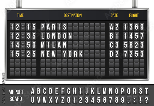 Creative vector illustration of realistic flip scoreboard, arrival airport board with alphabet, numbers isolated on transparent background. Art design. Analog timetable font. Concept graphic element