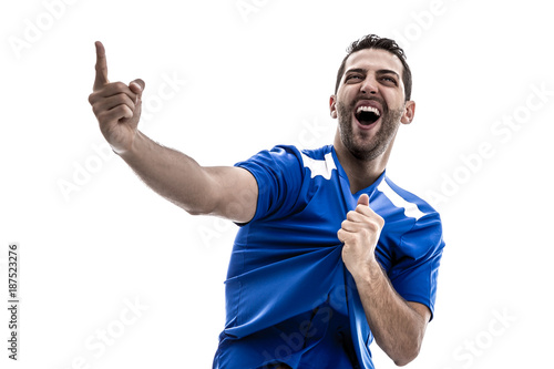 Soccer fan celebrating on white background