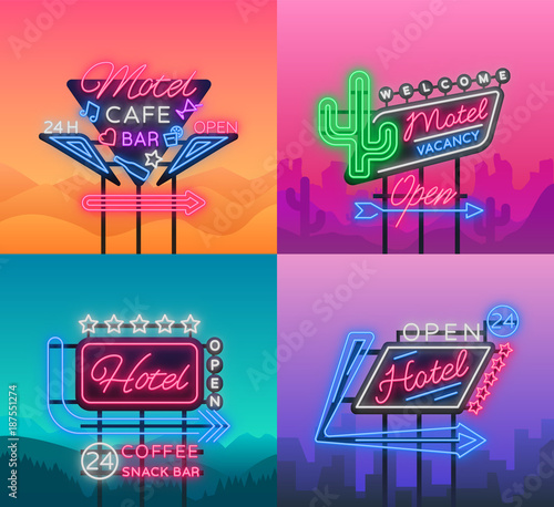 Hotel and Motel are collection of neon signs. Vector illustration. Collection of Retro signboards, billboard with an indication of hotel or motel, night neon advertisement of hotel, luminous banner
