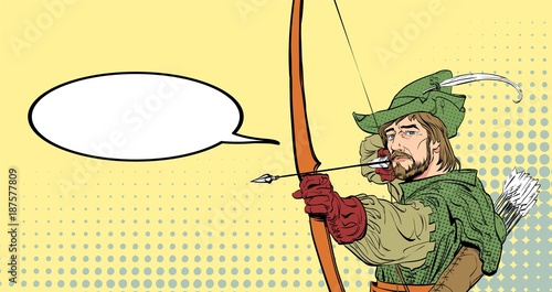 Robin Hood aiming on target. Robin Hood standing with bow and arrows. Defender of weak. Medieval legends. Heroes of medieval legends. Halftone background.