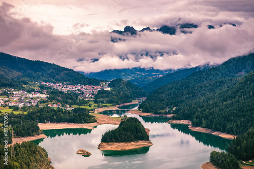 Panoramic view of lake of Centro Cadore in the Alps in Italy, Dolomites, near Belluno.
