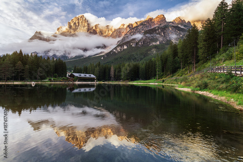 Lake San Vito di Cadore (lake Mosigo) in Boite valley in the domain of Mount Antelao also called King of the Dolomites. Italian Dolomites Alps Scenery, Italy, Europe.