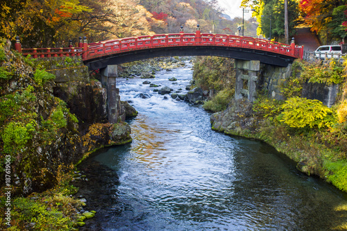 The Shinkyo Bridge or Sacred Bridge, one of the most famous landmarks in Nikko, Japan, part of Futarasan jinja Shinto shrine and a World Heritage Site since 1999