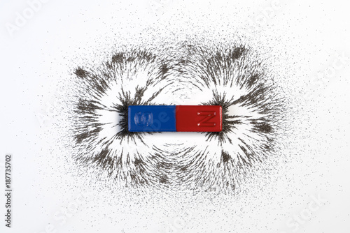 Red and blue bar magnet or physics magnetic with iron powder magnetic field on white background. Scientific experiment in science class in school.