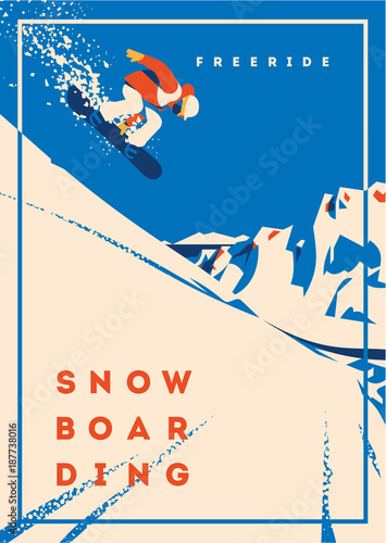 Freeride snowboarder in motion. Sport poster or emblem