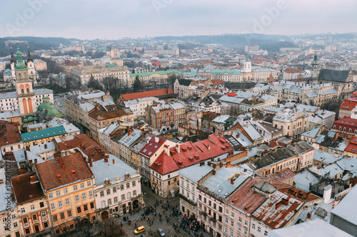 Beautiful view from the roof to the center of Lviv in the winter