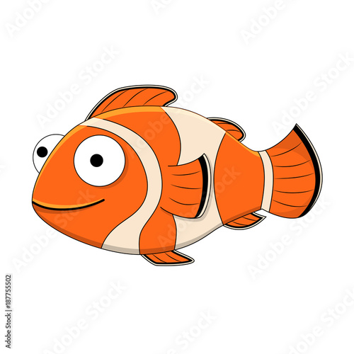Cute cartoon clown fish. Vector illustration isolated on white background. Tropical fish.