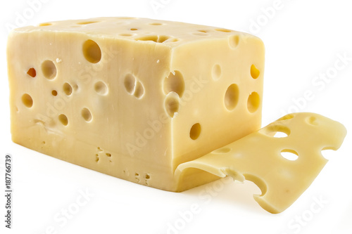 Sliced fresh emmental cheese on white background, cow cheese