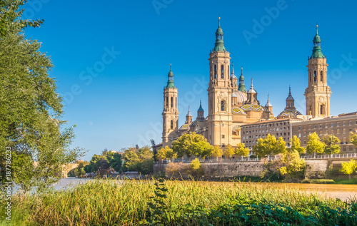 View of the cathedral of the Savior (Catedral del Salvador) from the banks of the Ebro river, Zaragoza, Aragon, Spain.