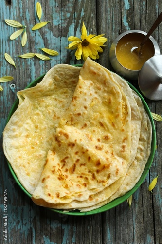 Puran Poli / Holige /Obbattu - South Indian Sweet flatbread selective focus