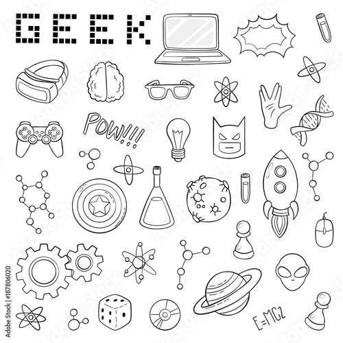 Set of cartoon doodle icons. Collection of symbols geek nerd gamer. Vector illustration, pattern, background, template for web design, print