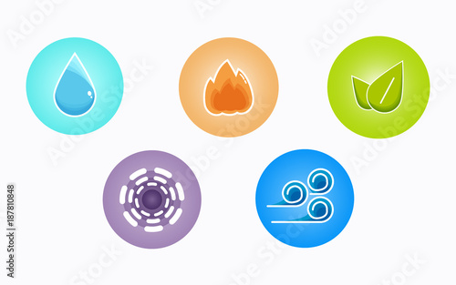 Ayurvedic elements water, fire, air, earth and ether icons isolated on white background. Colorful icons, five elements