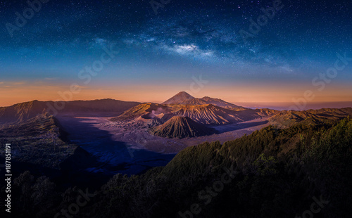 Mount Bromo volcano (Gunung Bromo) on night sky with milky way in Bromo Tengger Semeru National Park, East Java, Indonesia.