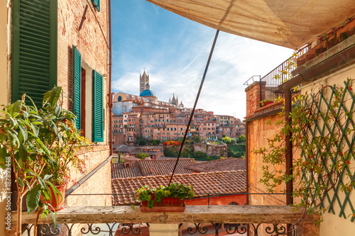 Beautiful view of Dome and campanile of Siena Cathedral, Duomo di Siena, and Old Town of medieval city of Siena in the sunny day through autumn leaves, Tuscany, Italy