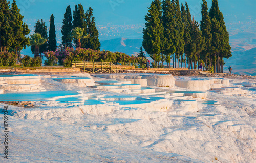 Natural travertine pools and terraces in Pamukkale. Cotton castle in southwestern Turkey