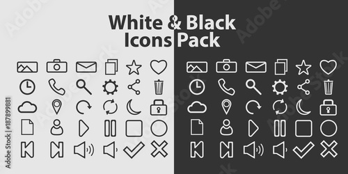 Set of outline icons on white and black background. Vector contour icons.