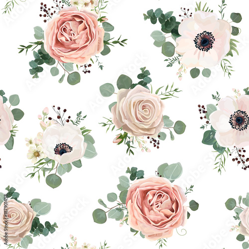 Seamless pattern Vector floral watercolor style design garden powder white pink Anemone flower silver Eucalyptus branch green thyme wax flowers greenery leaves berry. Rustic romantic background print