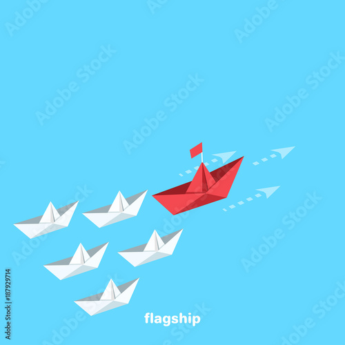 a flotilla of paper ships sails headed by the flagship in the given direction, an isometric image