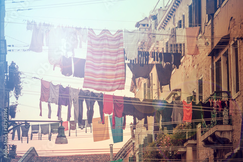 traditional italian clothesline, beautiful vintage urban scene in Venice (Italy)