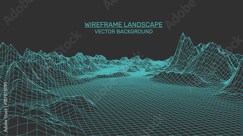 Abstract landscape background. Mesh structure. Polygonal wireframe background. 3d technology vector illustration