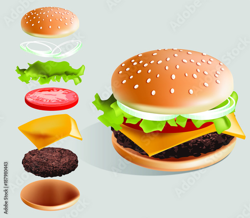 Hamburger and it's parts vector illustration with white background - sesame bun, beef steak, cheese, tomato, onion, salad with special sauce