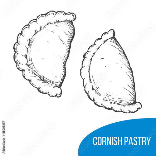 Cornish pasty sketch vector illustration. Engraved hand drawn vintage image.