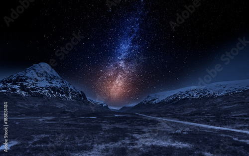 Highlands in Scotland at night with stars