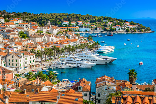 Hvar town mediterranean landscape. / Aerial view at Hvar town in Southern Croatia, famous luxury travel destination in Europe, Mediterranean.