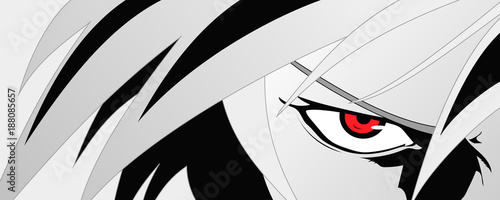 Anime face with red eyes from cartoon. Web banner for anime, manga. Vector illustration