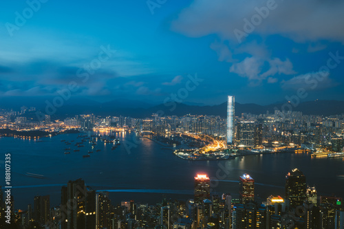 View of Hong Kong City skyline at dusk. View from The peak Hongkong.