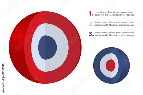 Spherical diagram consisting of 3 layers. Infographic set for presentations. Layered sphere. Round design element isolated on white background. Abstract vector infographic illustration.