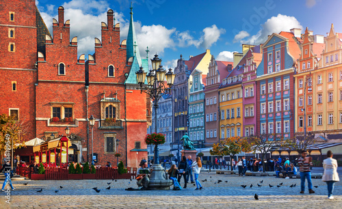 Wroclaw central market square with old colourful houses, street