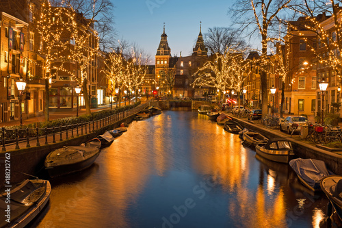 Christmas time in Amsterdam with the Rijksmuseum in Netherlands at twilight
