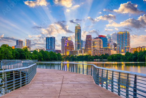 Austin, Texas, USA cityscape on the river and walkway.