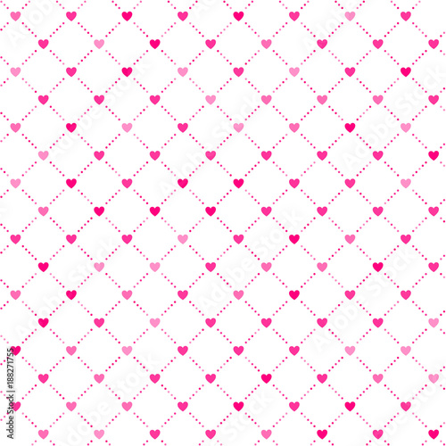 Cute little hearts in seamless pattern. Small heart shapes in different sizes and colors for Valentines Day background. Vector illustration. Bright pink hearts. Vector seamless pattern. Hearts mosaic.