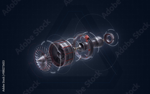 Illustration of jet engine in parts. 3d illustration on grid background with sci-fi style elements.