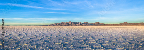 Landscape of the Uyuni Salt Flats at sunrise, Bolivia