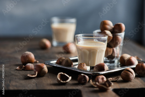 Cream liqeuer with hazelnuts, homemade, selective focus, toned image