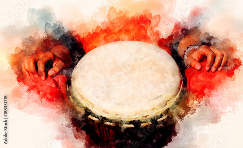 lady drummer with her djembe drum and softly blurred watercolor background.