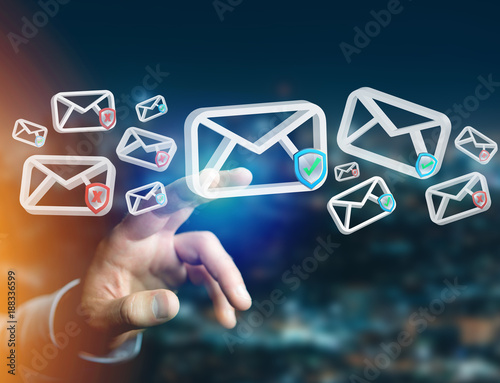 Approved email and spam message displayed on a futuristic interface - Message and internet concept