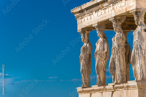 Close up of the Caryatids of the Erechtheion. A caryatid is a sculpted female figure serving as an architectural support taking the place of a column or a pillar supporting an entablature on her head.