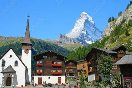 Beautiful view of old village with Matterhorn peak background in Zermatt, Switzerland