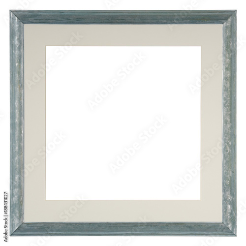 Empty picture frame isolated on white, square format, in a hand painted blue wash finish with matte