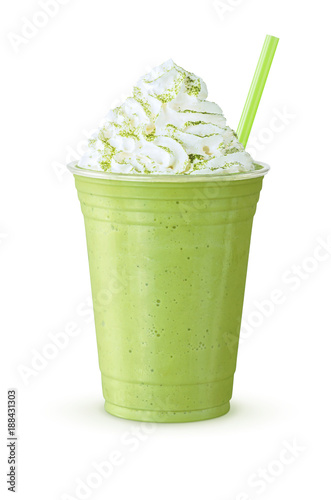 Green Tea Frappe or Green Smoothie with Whipped Cream Sprinkled with Matcha