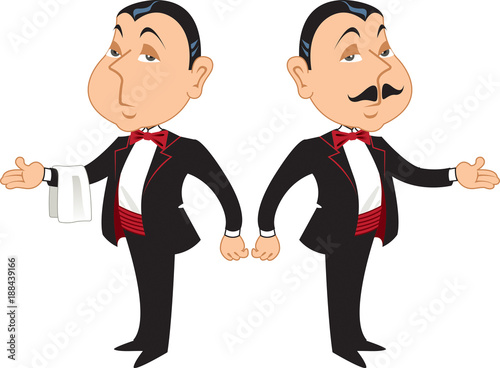 Two professional maitre d's or butlers in formal wear, one with a mustache and one without.