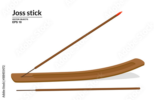 Burning joss stick. Wooden incense stick holder isolated on white background. Vector illustration