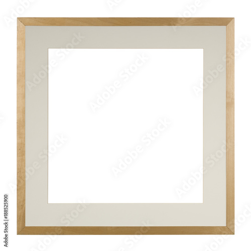 Empty picture frame in a heavily distressed light oak moulding with matte, isolated on white, square format