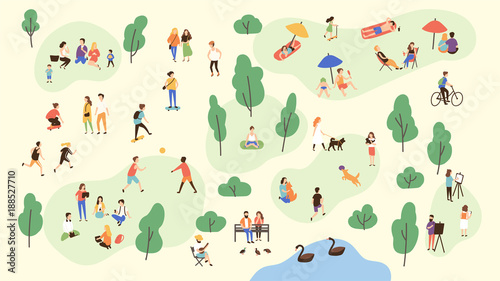 Various people at park performing leisure outdoor activities - playing with ball, walking dog, doing yoga and sports exercise, painting, eating lunch, sunbathing. Cartoon colorful vector illustration.