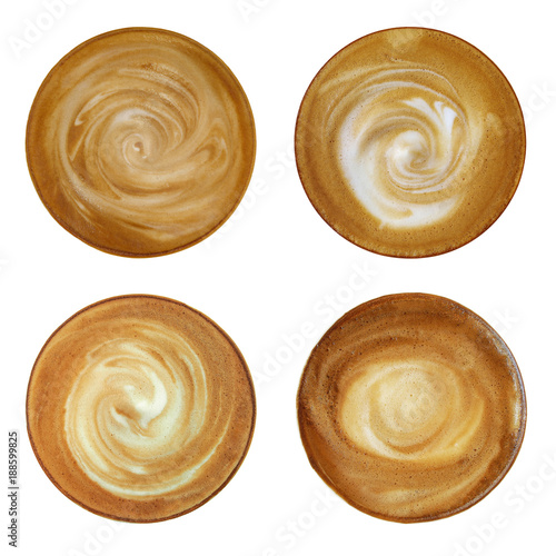 Top view of hot coffee cappuccino spiral milk foam isolated on white background, set of four with clipping path.