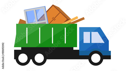 Vector illustration of Garbage Truck. Isolated lorry with big trash on white background.